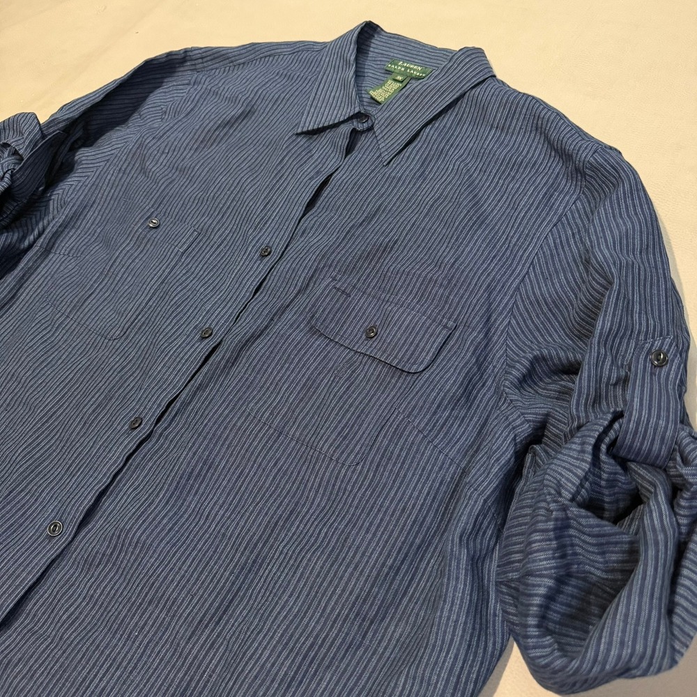 Lauren Ralph Lauren Women 3X 100% Pure Linen‎ Blue Stripe Roll Tab Button Shirt-